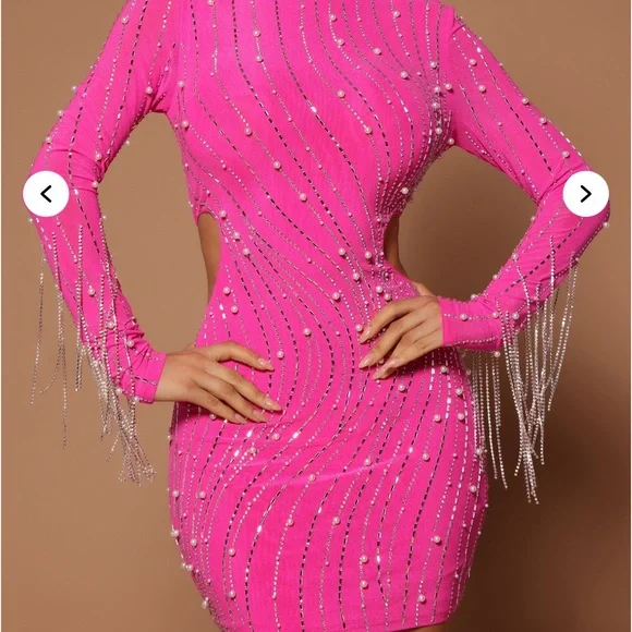 Belinda Embellished Mini Dress-Neon Pink - Picture 3 of 8